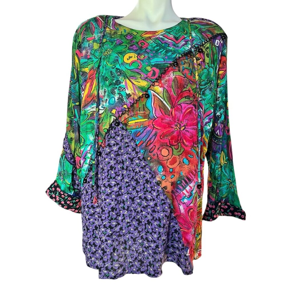 Carole Little Womens 14 Multi Print Tunic Dress Bead Trim & Ruffle Y2K Floral